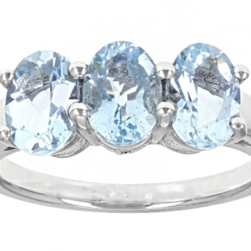 NEW Blue Aquamarine Rhodium Over Sterling Silver Ring